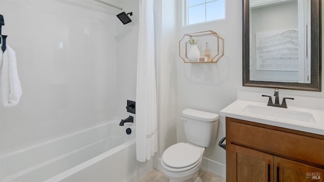 full bathroom with tile patterned floors, shower / bath combo, toilet, and vanity