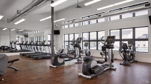 exercise room with a high ceiling and dark wood-type flooring