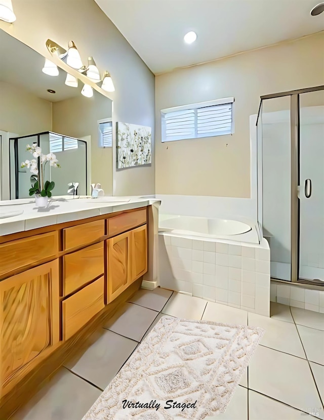 bathroom with separate shower and tub, tile patterned flooring, and vanity