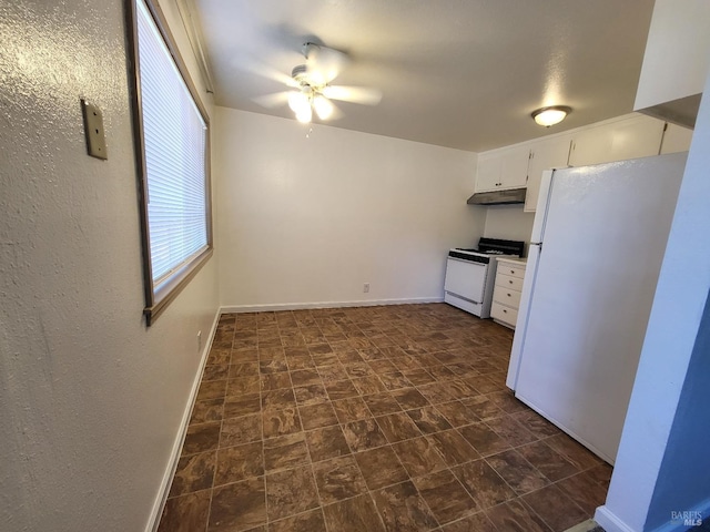 kitchen with ceiling fan, white cabinetry, and white appliances