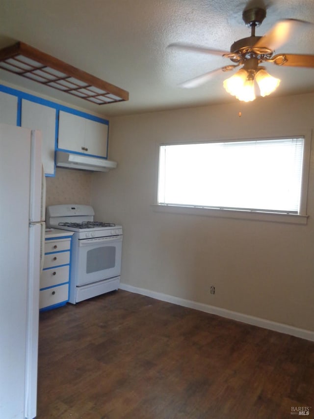 kitchen featuring ceiling fan, white appliances, dark wood-type flooring, and exhaust hood