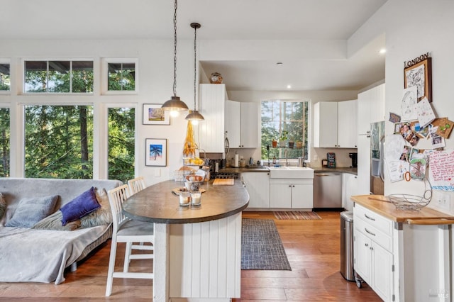 kitchen with white cabinets, hardwood / wood-style floors, and hanging light fixtures