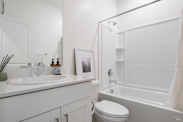 full bathroom with shower / tub combo, vanity, and toilet