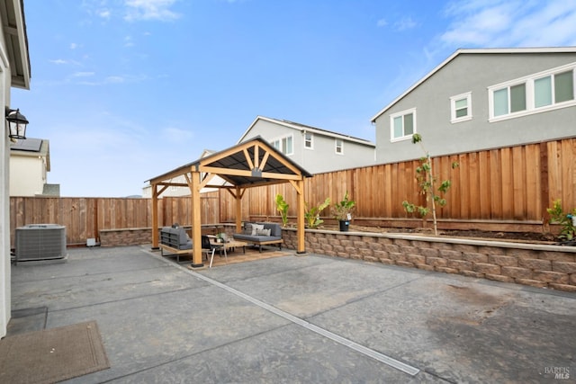 view of patio with a gazebo, an outdoor hangout area, and central air condition unit