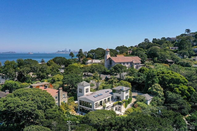 aerial view featuring a water view