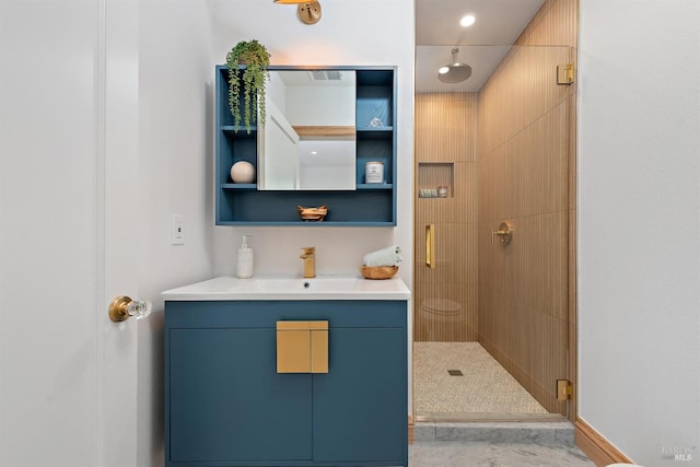 bathroom featuring vanity and walk in shower