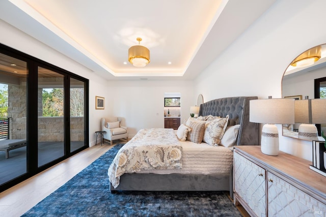 bedroom with access to exterior, a tray ceiling, and multiple windows