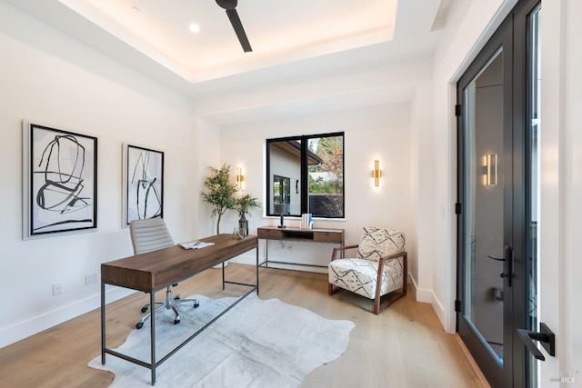 office area featuring a tray ceiling and light hardwood / wood-style floors