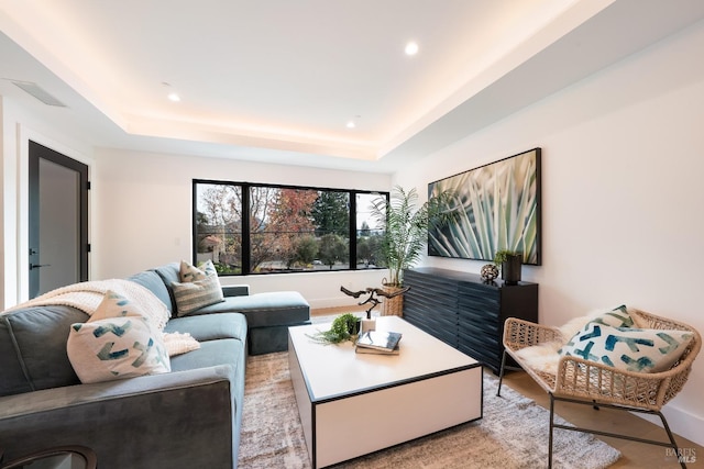 living room featuring light hardwood / wood-style floors and a tray ceiling