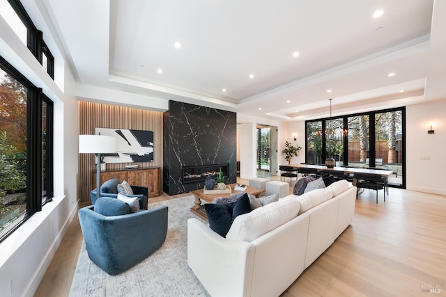 living room with a tray ceiling and light hardwood / wood-style flooring