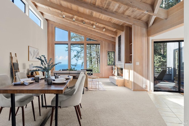 dining area with beam ceiling, light tile patterned floors, a healthy amount of sunlight, and high vaulted ceiling