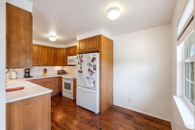 kitchen with dark hardwood / wood-style flooring, sink, a wealth of natural light, and white appliances