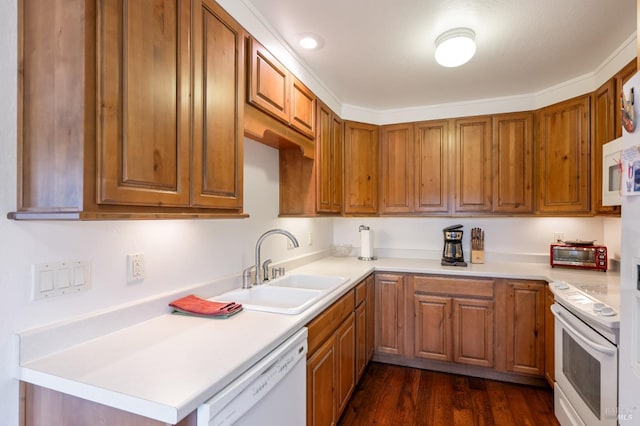 kitchen with dark hardwood / wood-style flooring, sink, and white appliances