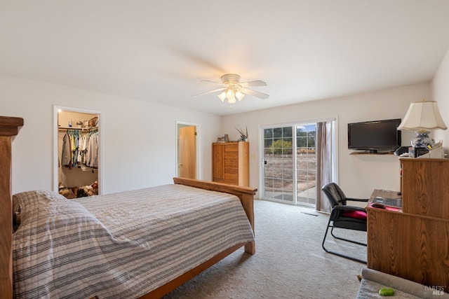 carpeted bedroom with ceiling fan, a walk in closet, access to exterior, and a closet