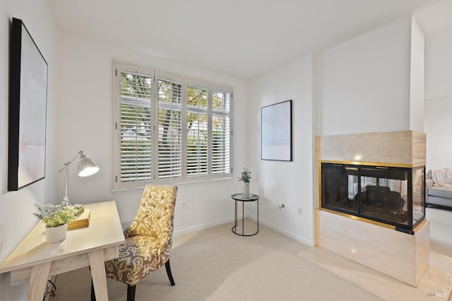 living area with a multi sided fireplace and light carpet