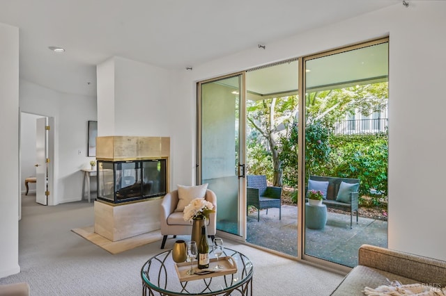 600 Deer Valley Rd Unit 1B, San Rafael, CA 94903 - carpeted living room featuring a tiled fireplace and recessed lighting