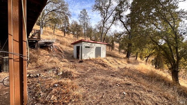 view of yard featuring a storage unit