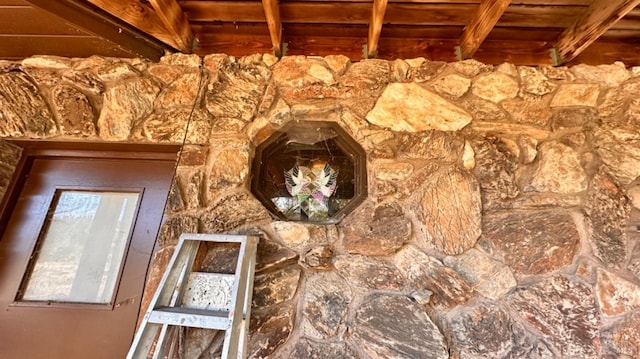 details with beamed ceiling and wood ceiling