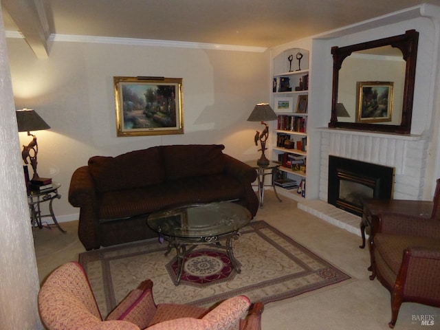 carpeted living room with built in shelves, ornamental molding, and a fireplace