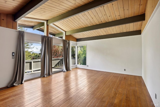 unfurnished room with wood ceiling, lofted ceiling with beams, and light hardwood / wood-style floors