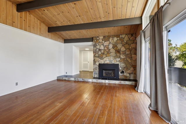 unfurnished living room with wood ceiling, a fireplace, lofted ceiling with beams, and hardwood / wood-style flooring