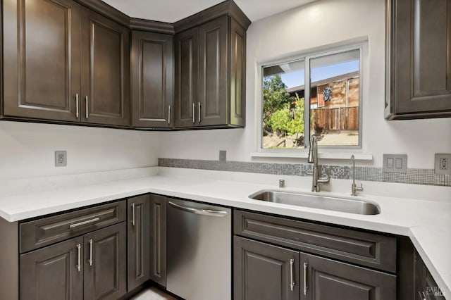612 Tahos Rd, Orinda, CA 94563 - kitchen with dishwasher, a sink, dark brown cabinets, light countertops, and tasteful backsplash