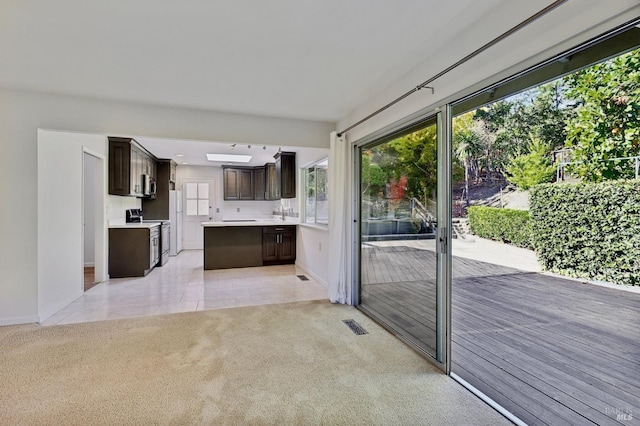 interior space with light carpet, dark brown cabinets, a center island, and stainless steel appliances