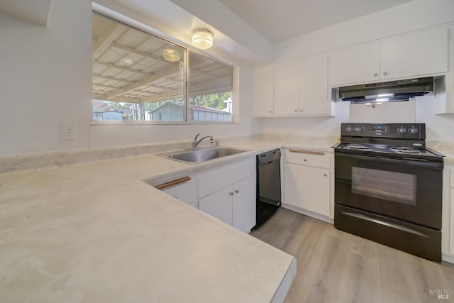 kitchen with white cabinetry, sink, light wood-type flooring, and black appliances