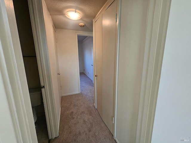 hallway featuring light carpet and a textured ceiling