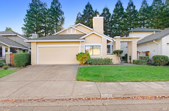 view of front of house with a garage and a front lawn