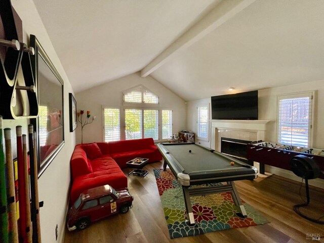 playroom featuring a fireplace, wood-type flooring, lofted ceiling with beams, and billiards