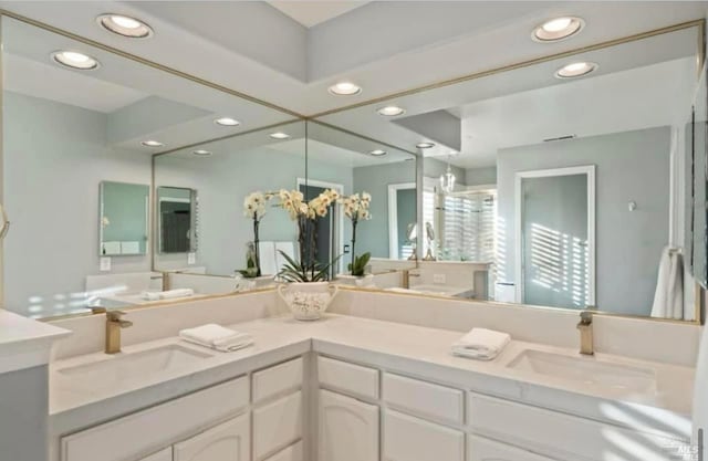 bathroom with a shower with door and vanity