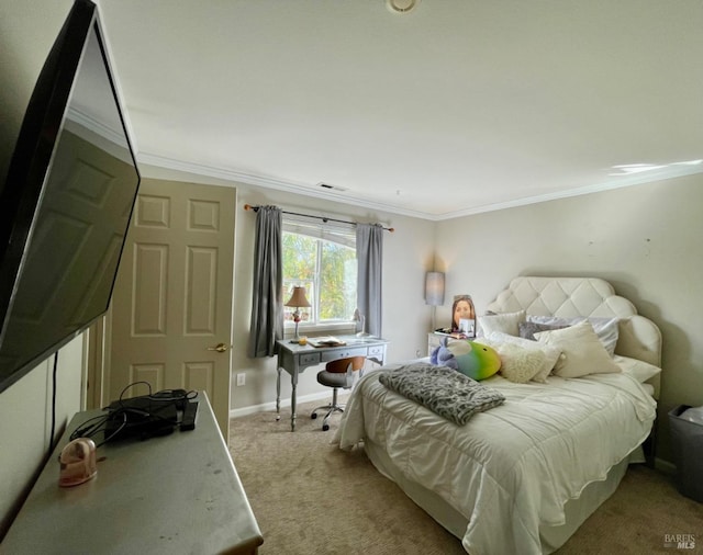 carpeted bedroom featuring ornamental molding