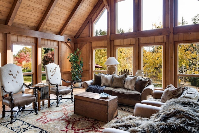 sunroom / solarium with vaulted ceiling with beams and wooden ceiling