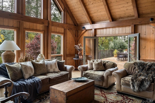 living room featuring wood walls, wooden ceiling, beam ceiling, and high vaulted ceiling