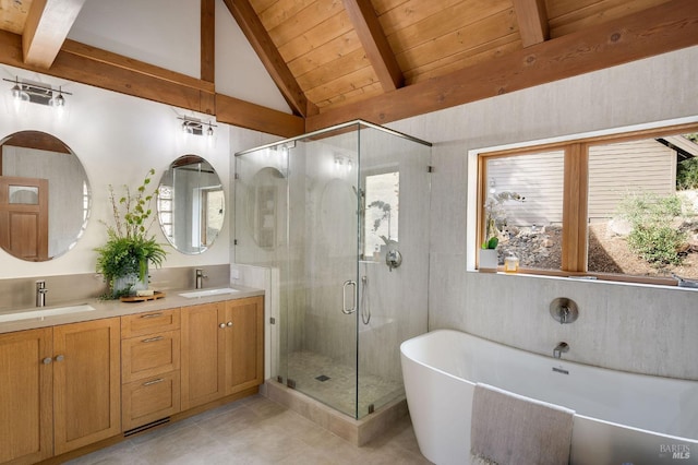 bathroom with vanity, tile patterned floors, lofted ceiling with beams, independent shower and bath, and wood ceiling