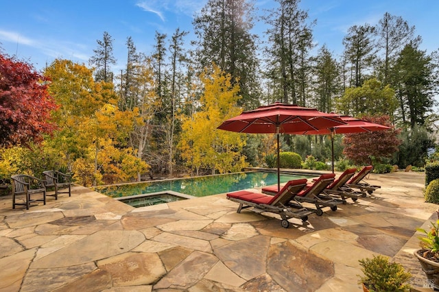 exterior space featuring a pool with hot tub