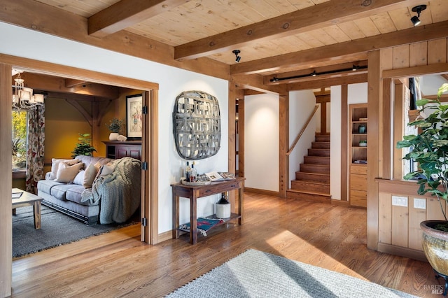 living room with hardwood / wood-style floors, wooden ceiling, and beam ceiling