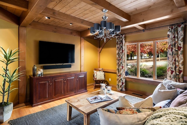 living room featuring a notable chandelier, beam ceiling, wooden ceiling, and light hardwood / wood-style flooring