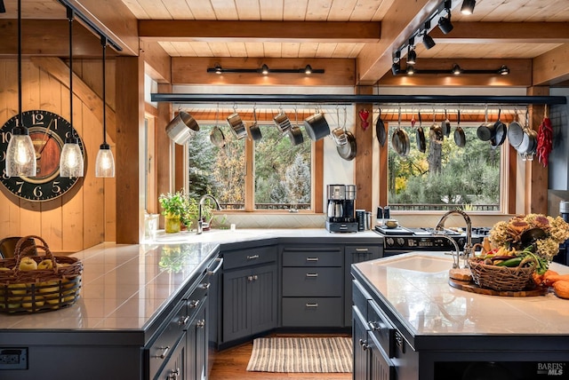 kitchen with beam ceiling, sink, wooden walls, and track lighting