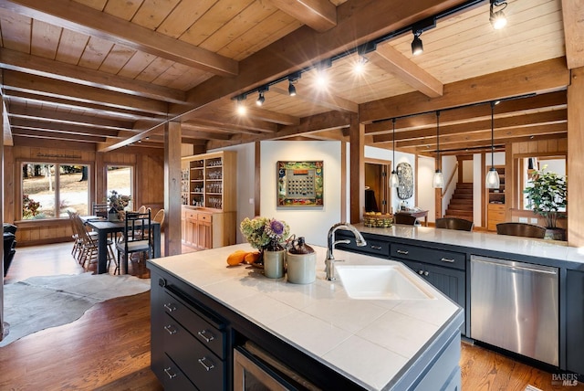 kitchen with wood walls, sink, rail lighting, an island with sink, and dark hardwood / wood-style flooring