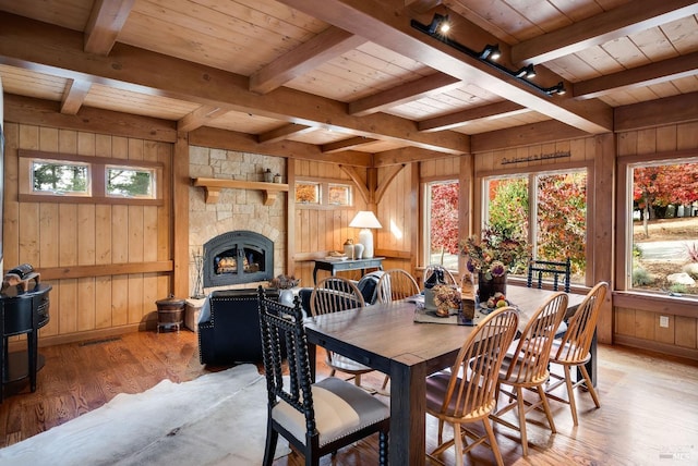 dining area featuring light wood-type flooring, wooden ceiling, and wood walls