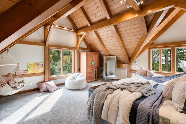 bedroom featuring vaulted ceiling with beams, carpet floors, and wood ceiling