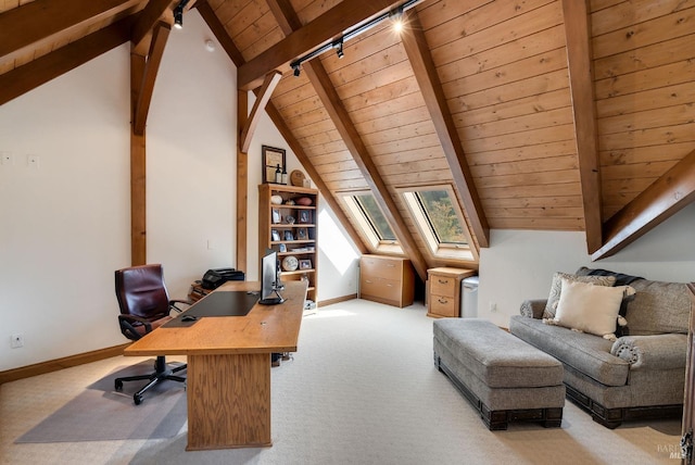 office featuring vaulted ceiling with beams, light colored carpet, rail lighting, and wood ceiling