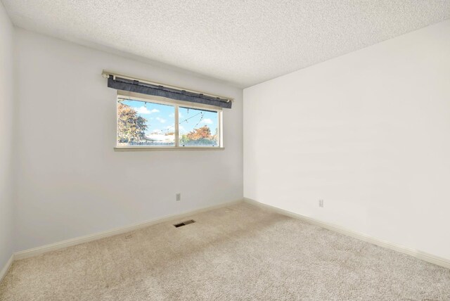 spare room featuring light carpet and a textured ceiling