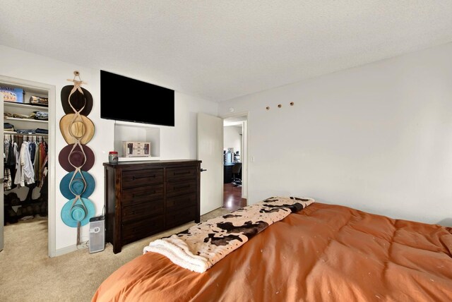 carpeted bedroom with a walk in closet, a closet, and a textured ceiling