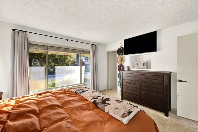 carpeted bedroom with a textured ceiling