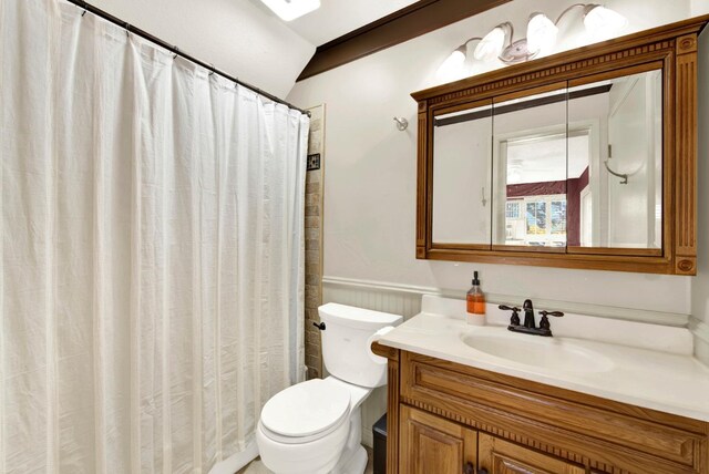 bathroom featuring vanity, toilet, and a shower with shower curtain