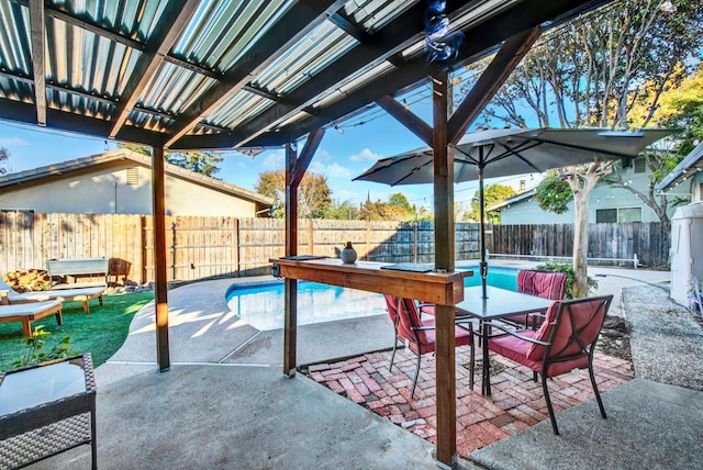 view of patio featuring a fenced in pool and a pergola