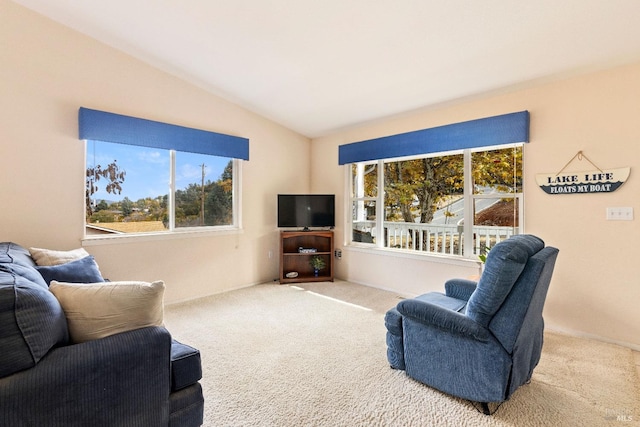 carpeted living room with vaulted ceiling